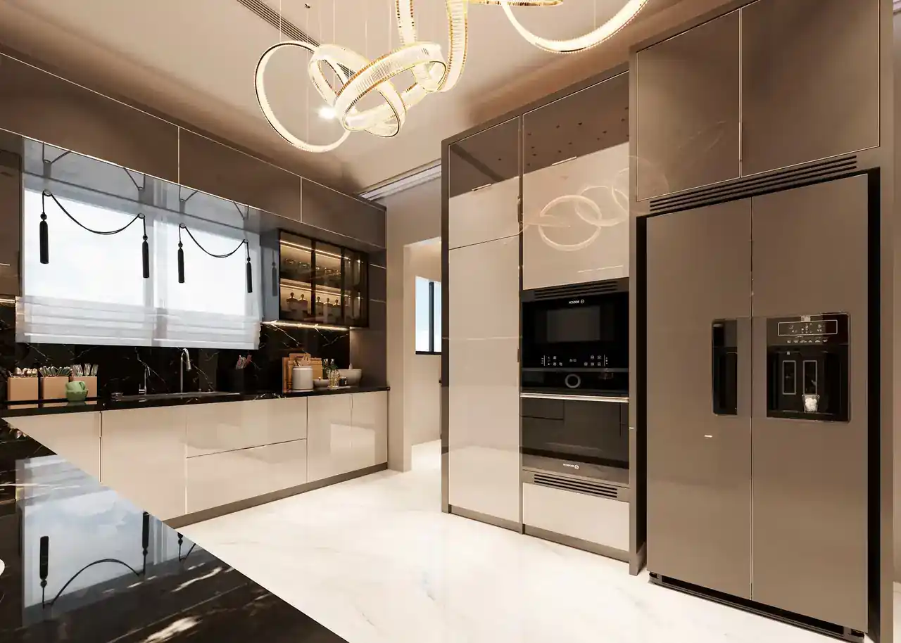 Cocina moderna de lujo con electrodomésticos premium, ideal para ilustrar electrodomesticos lg signature caracteristicas en un artículo sobre diseño e inteligencia artificial.