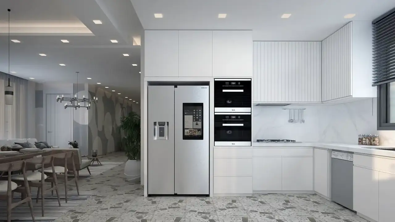 Cocina moderna con frigorífico combi integrable 2 metros oculto tras paneles de mueble