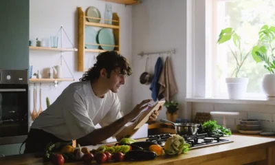 Robot de cocina mas vendido en una cocina moderna, junto a una pantalla con recetas y varios ingredientes preparados.