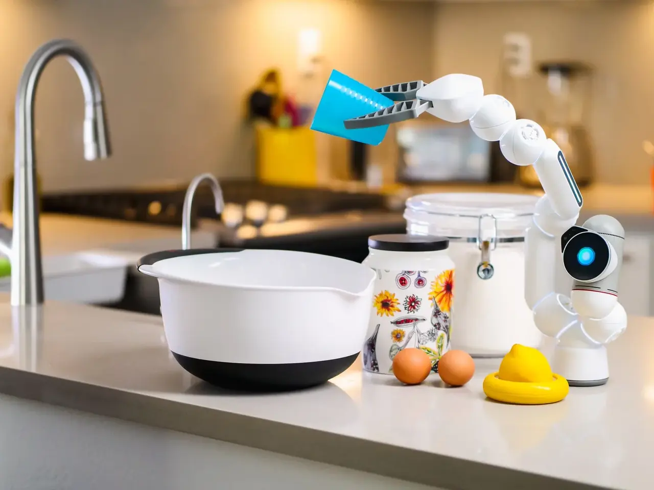 Robot de cocina de Aldi sobre la encimera de una cocina moderna, con pantalla táctil visible y aspecto multifunción.