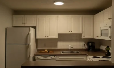 Cocina de apartamento pequeño con refrigerador compacto, microondas sobre la encimera y lavavajillas estrecho, ilustrando Electrodomésticos compactos para pisos pequeños: guía útil.