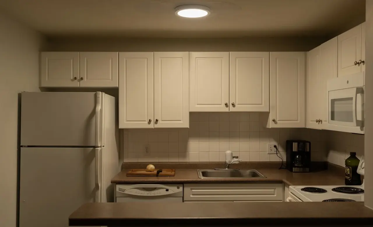 Cocina de apartamento pequeño con refrigerador compacto, microondas sobre la encimera y lavavajillas estrecho, ilustrando Electrodomésticos compactos para pisos pequeños: guía útil.
