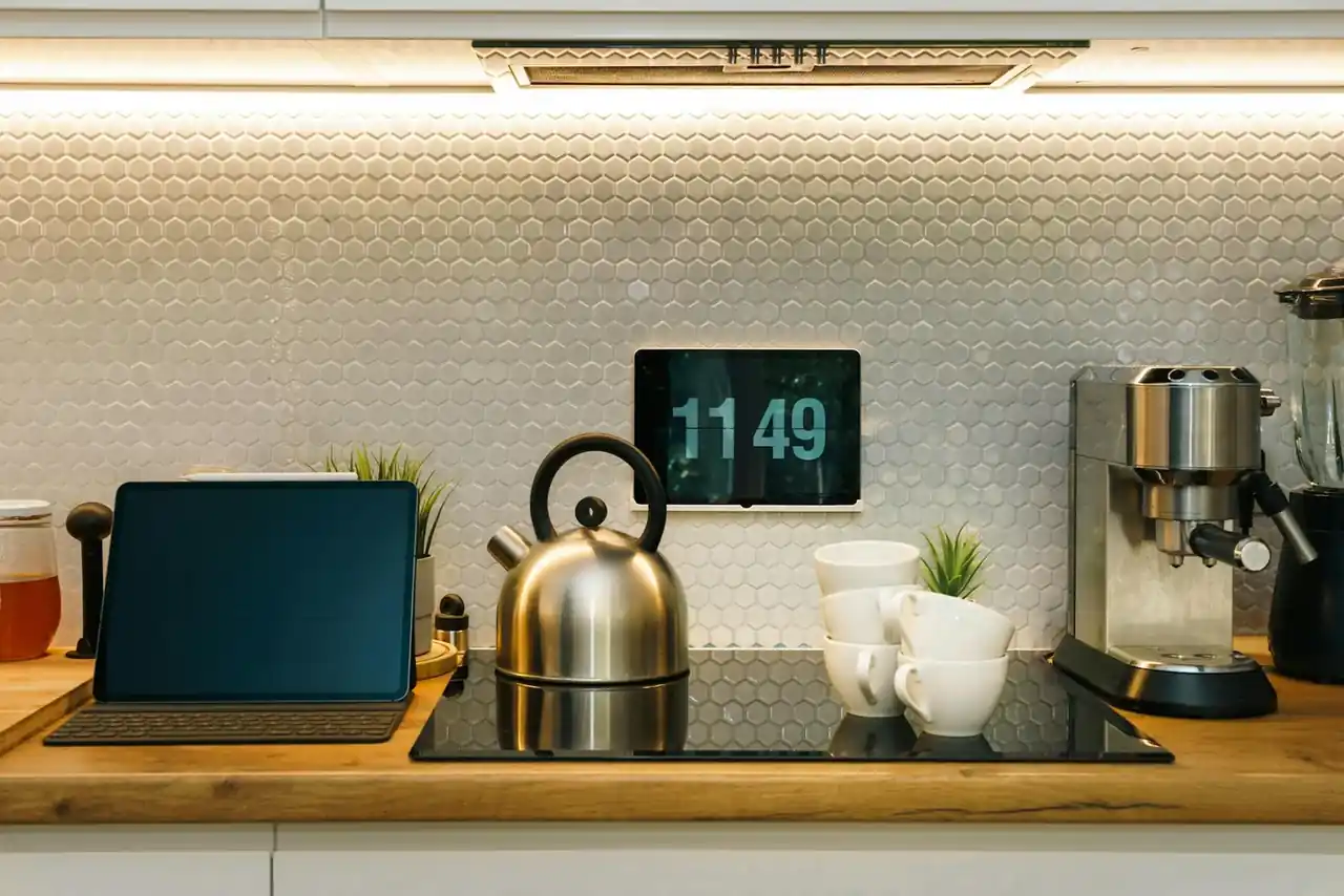 Imagen de tecnología en la cocina con gadgets inteligentes sobre la encimera conectados a una app de control.